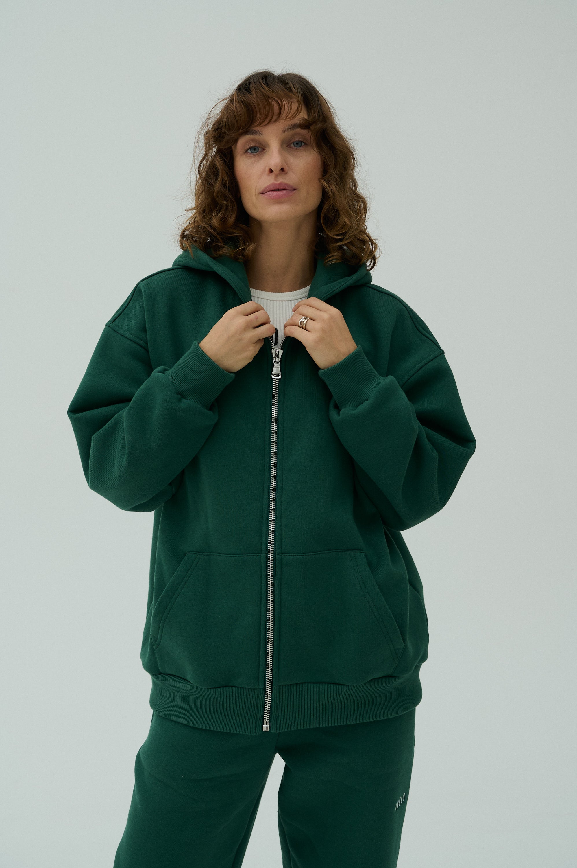 Serif Zip Hoodie - Heather Green/White