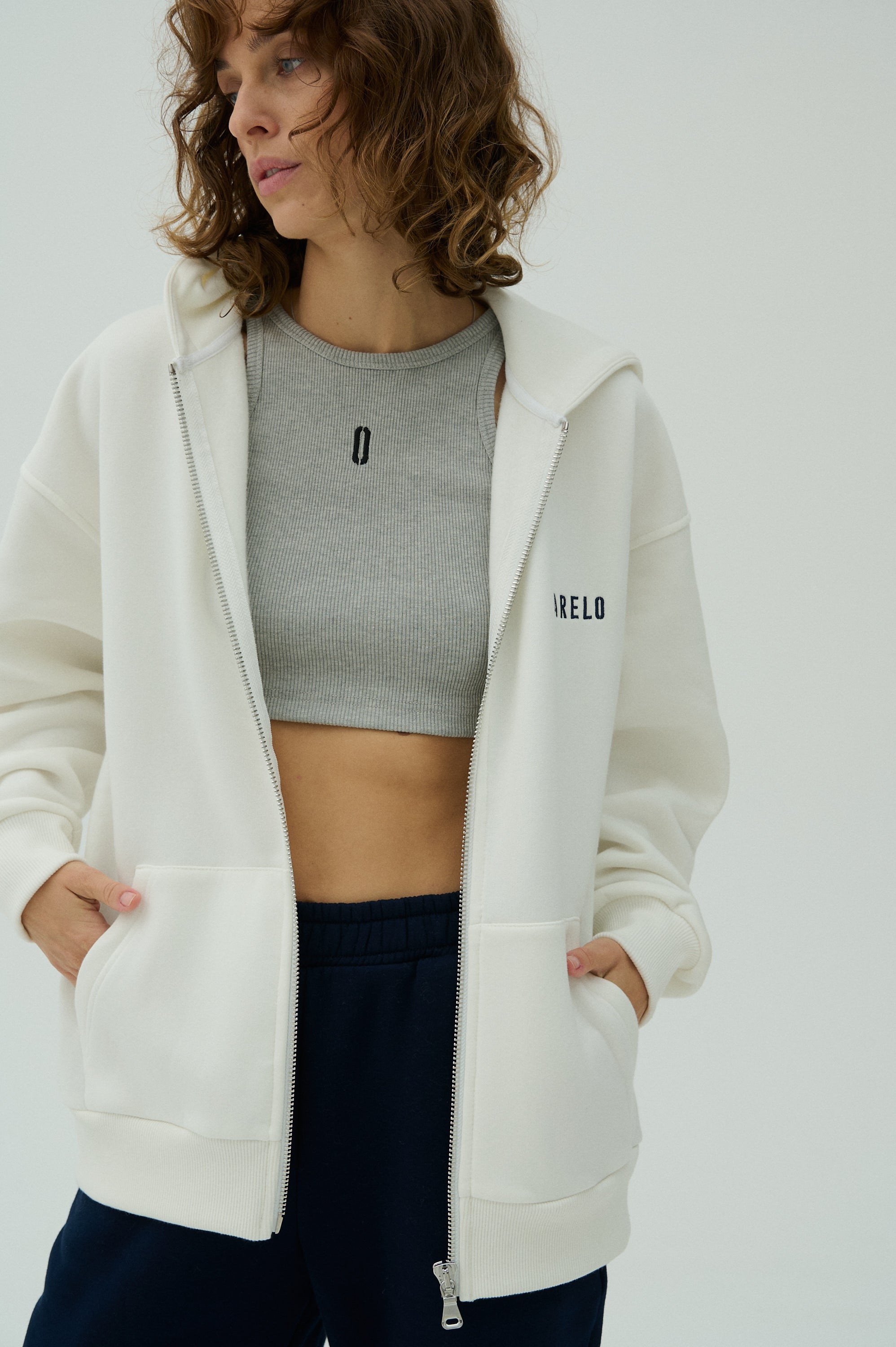 Serif Zip Hoodie - Heather White/Navy